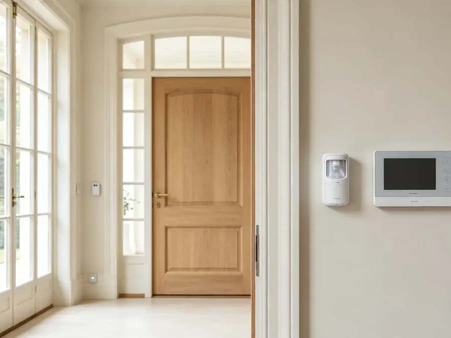 Détecteur de mouvement et platine d'alarme installés dans l'entrée d'une maison